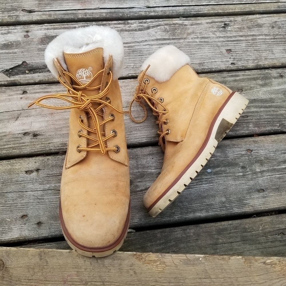Timberland Wheat Nubuck Leather‎ Faux Fur Trimmed Lace-up Work Utility Boots 8.5